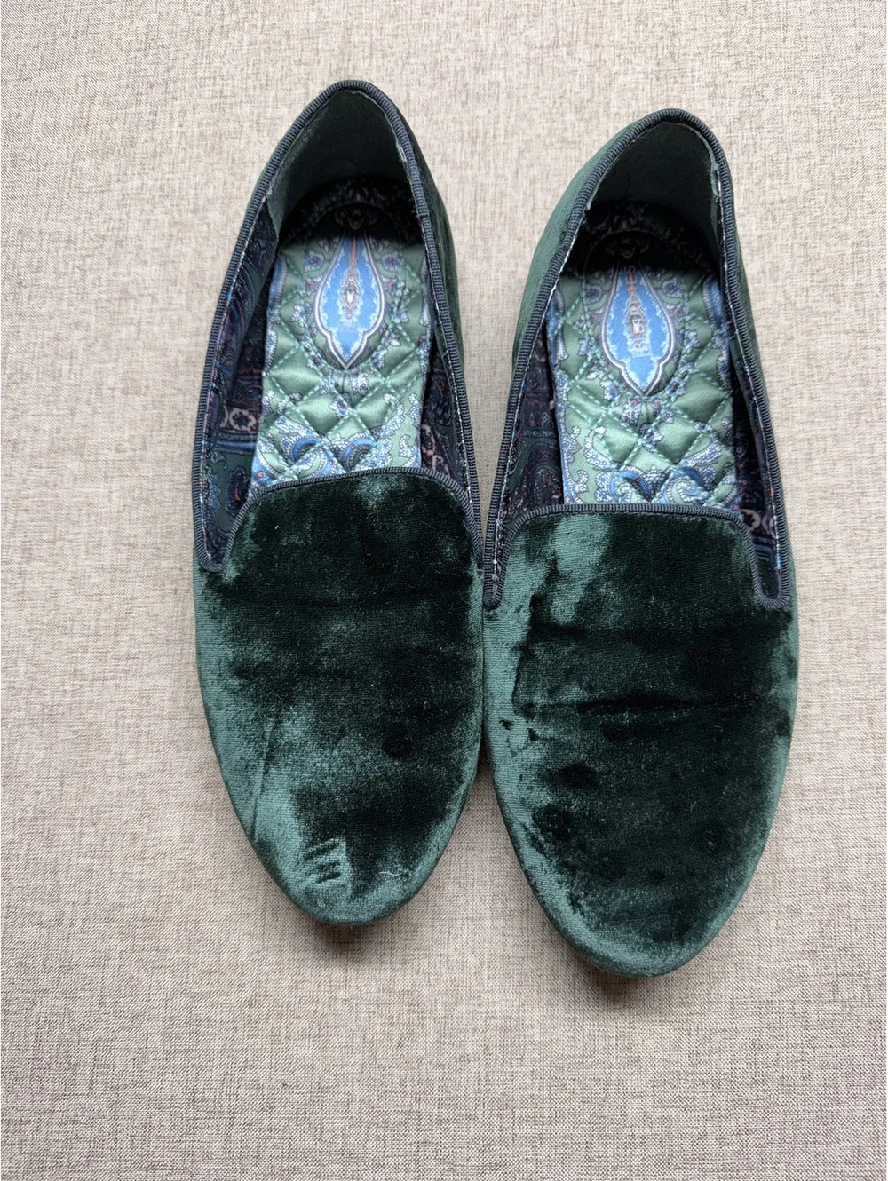 Birdies Women’s 10 Emerald Green Velvet Smoking Loafers Paisley Quilted Flats